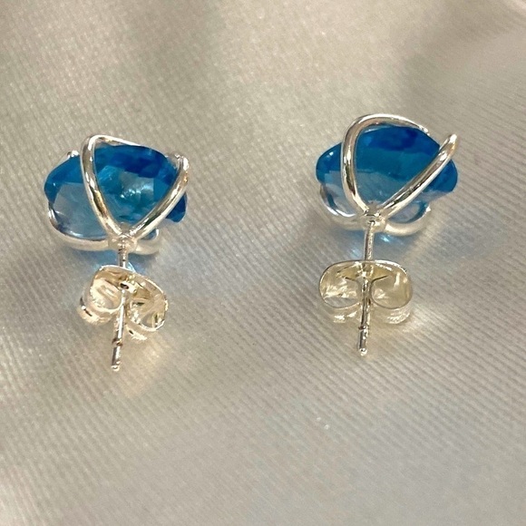 Handmade Blue Topaz Rectangular Cushion Gemstone Sterling Silver Earrings 8Ct - Picture 12 of 15
